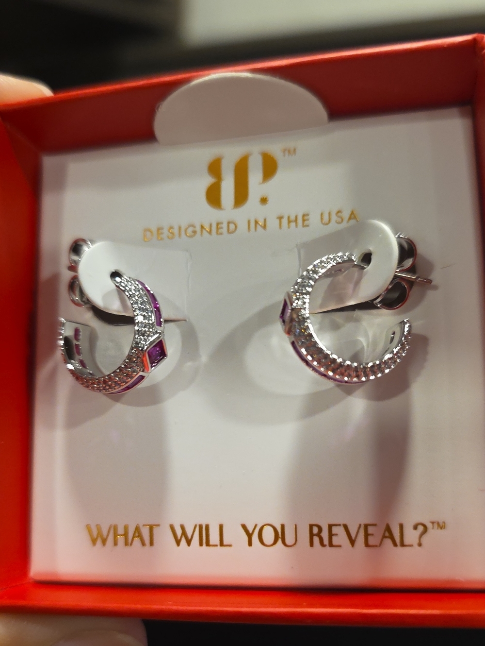 bp Silver Crescent Hoop Earrings with Ruby Accents